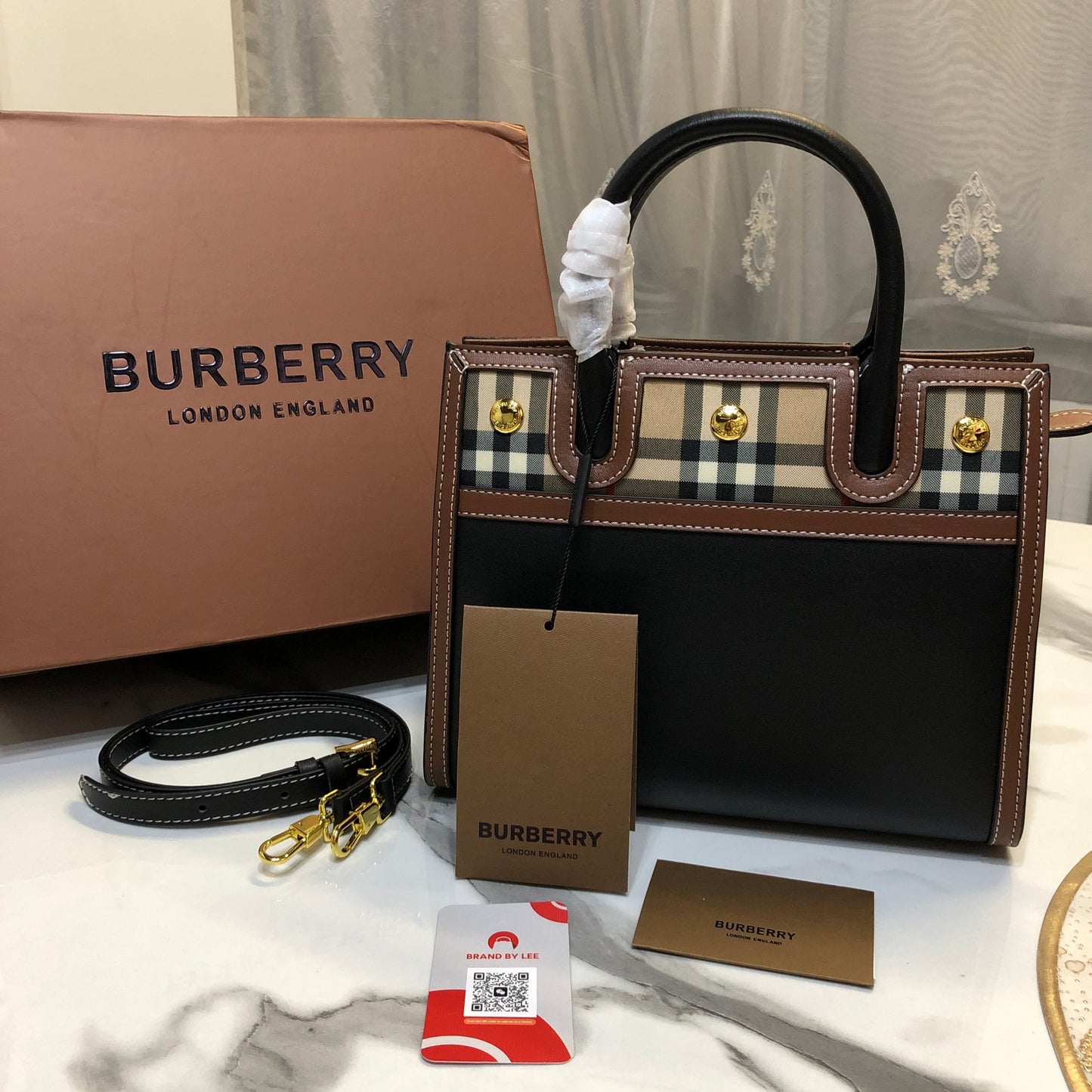 Burberry Small Two-Handle Title Bag in Vintage Check