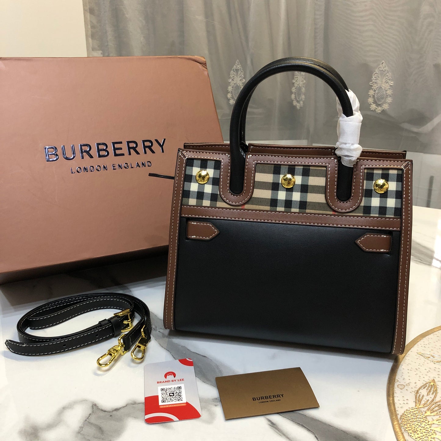 Burberry Small Two-Handle Title Bag in Vintage Check