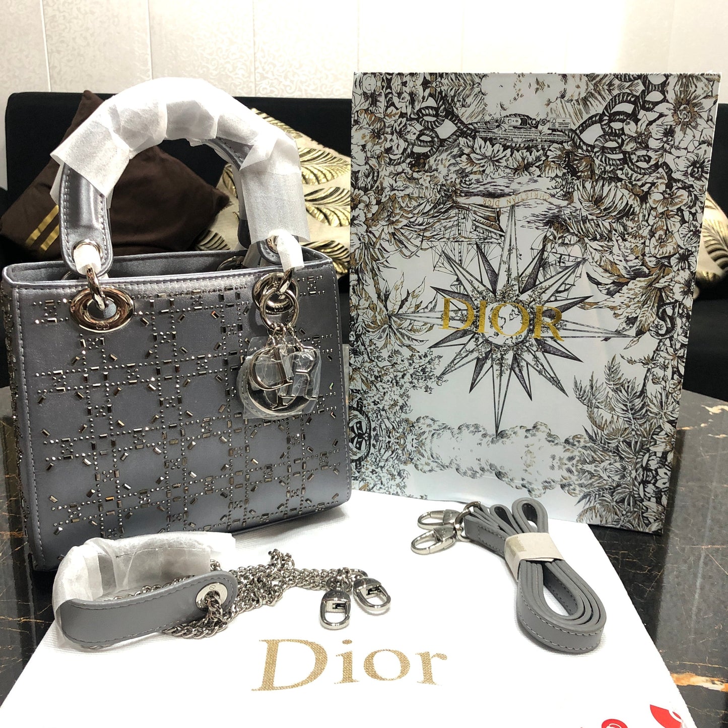 Mini Lady Dior Bag Gray Strass Cannage Satin