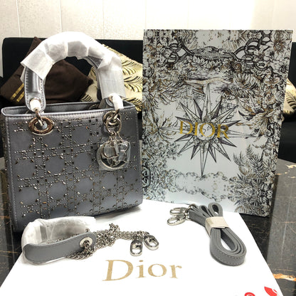 Mini Lady Dior Bag Gray Strass Cannage Satin