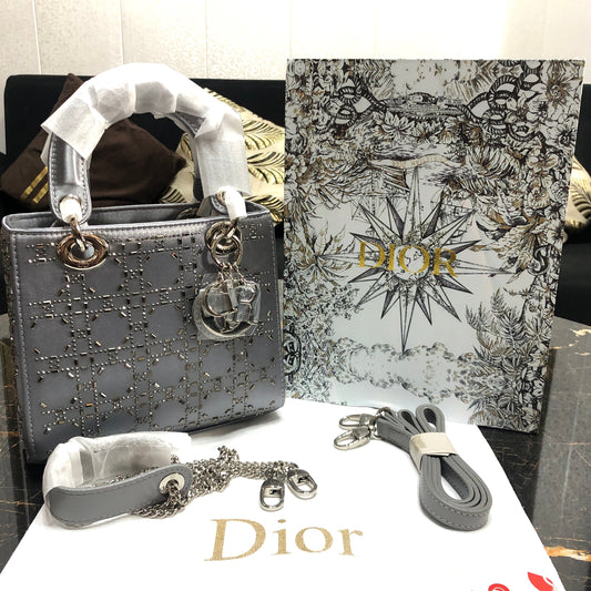 Mini Lady Dior Bag Gray Strass Cannage Satin