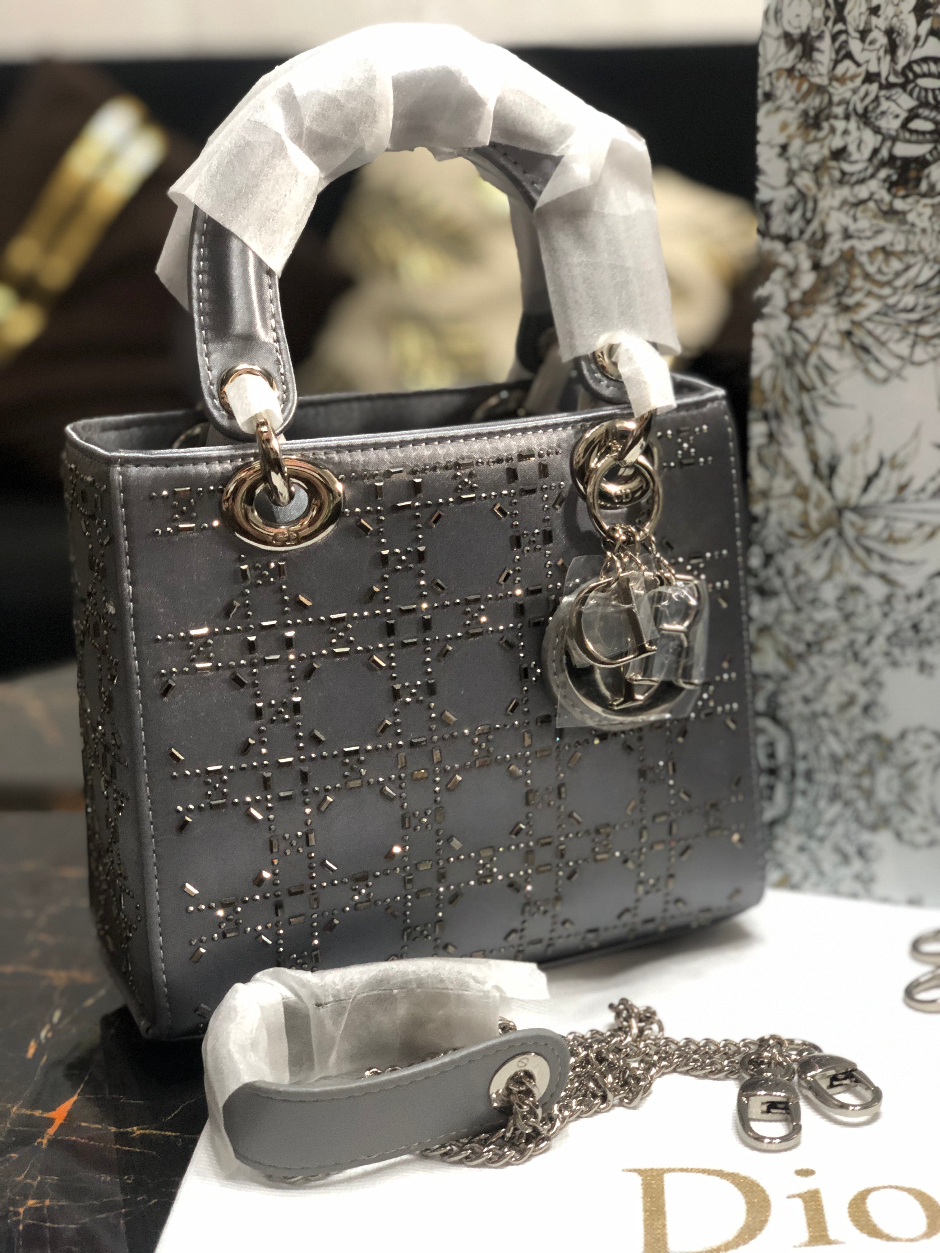 Mini Lady Dior Bag Gray Strass Cannage Satin