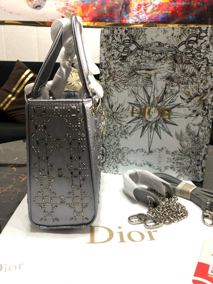 Mini Lady Dior Bag Gray Strass Cannage Satin