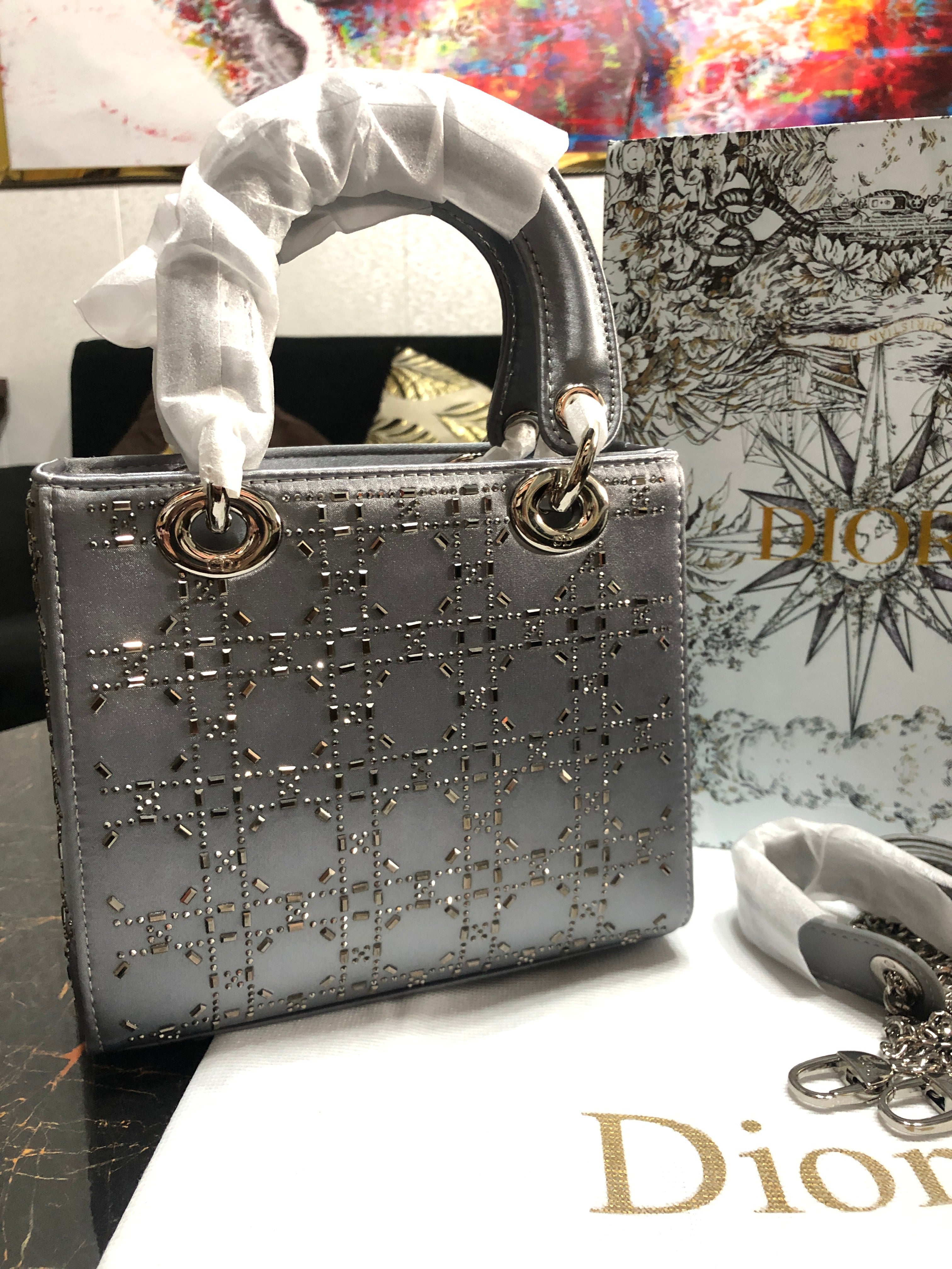 Mini Lady Dior Bag Gray Strass Cannage Satin