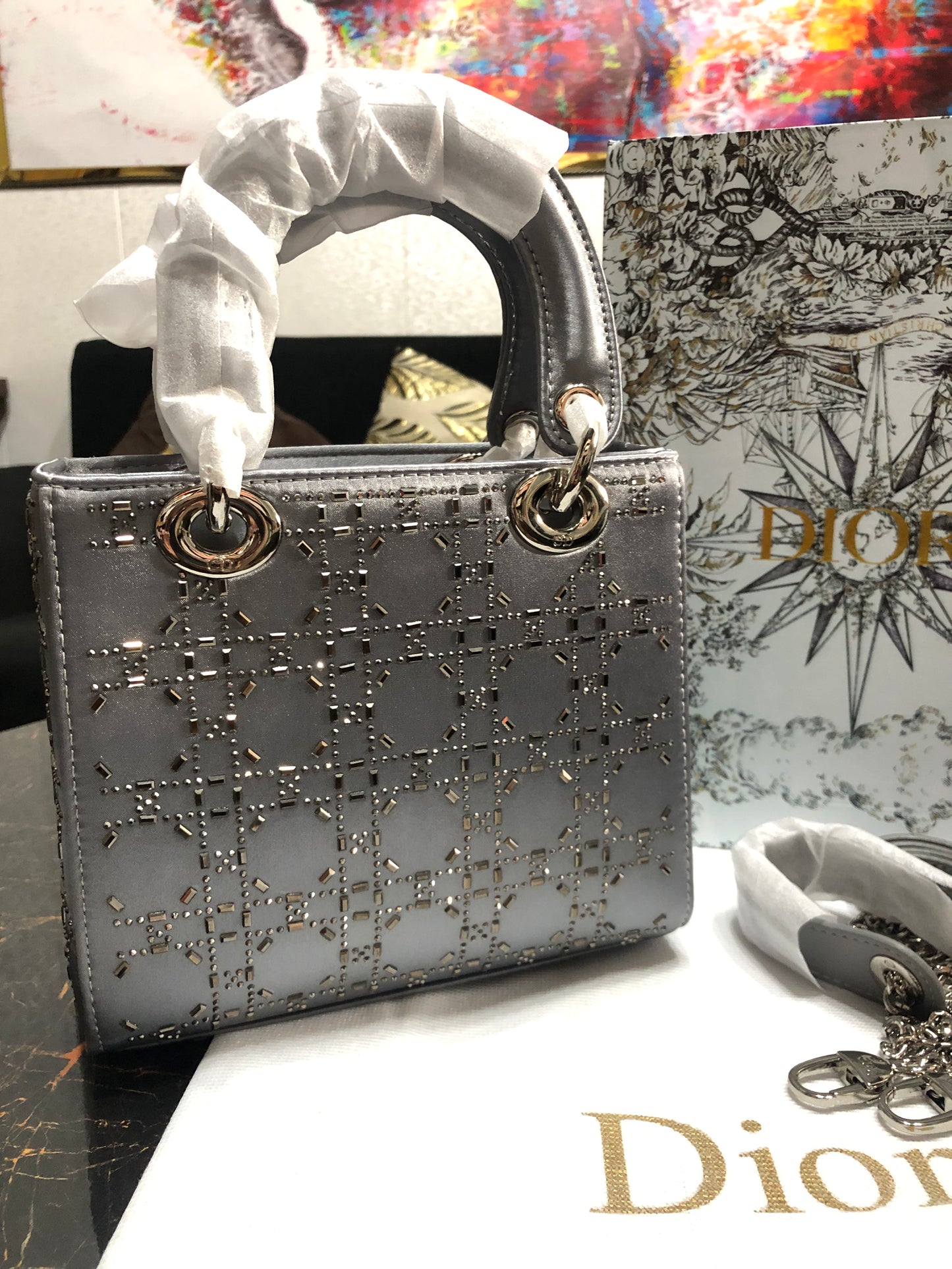 Mini Lady Dior Bag Gray Strass Cannage Satin