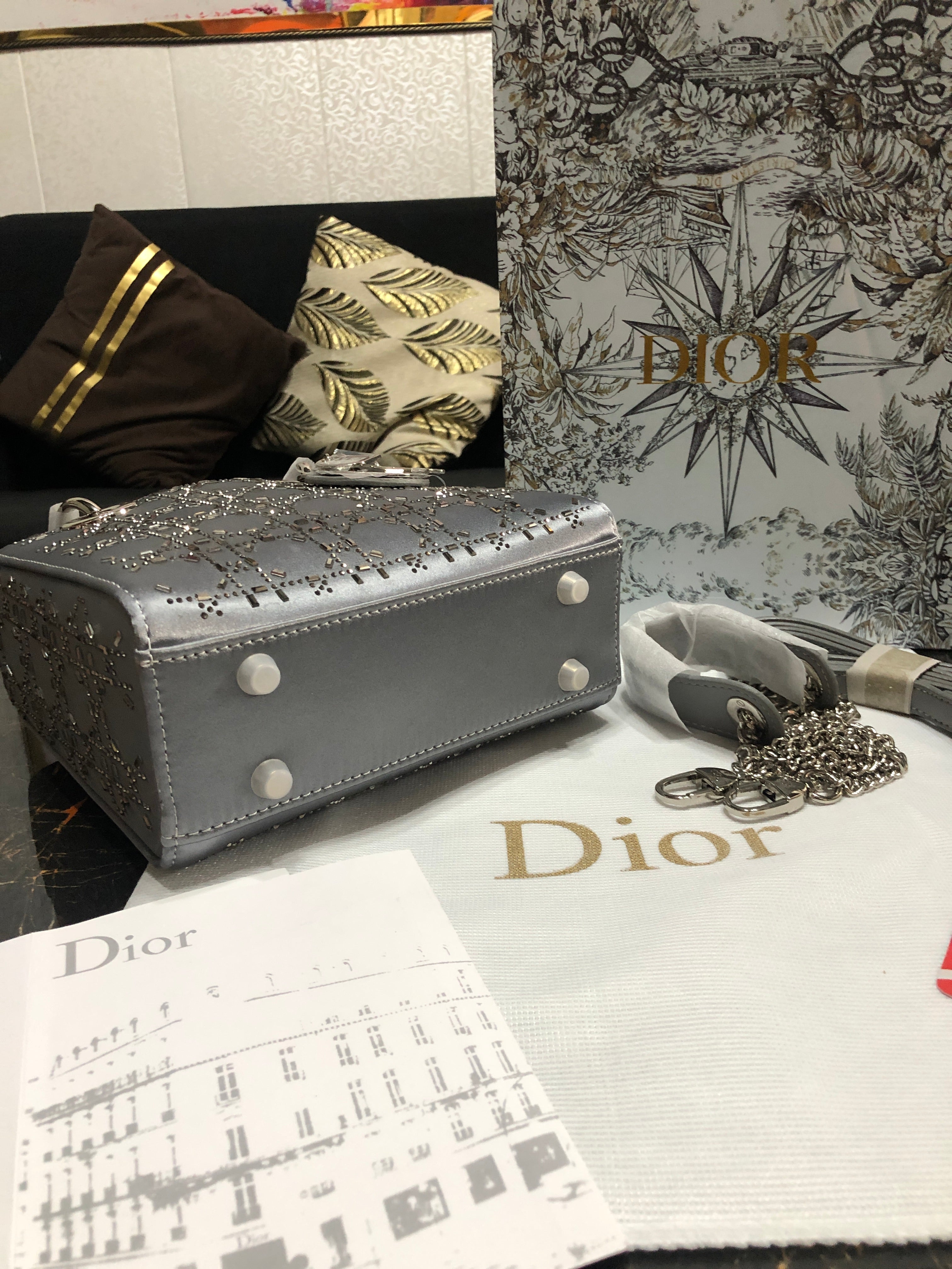 Mini Lady Dior Bag Gray Strass Cannage Satin