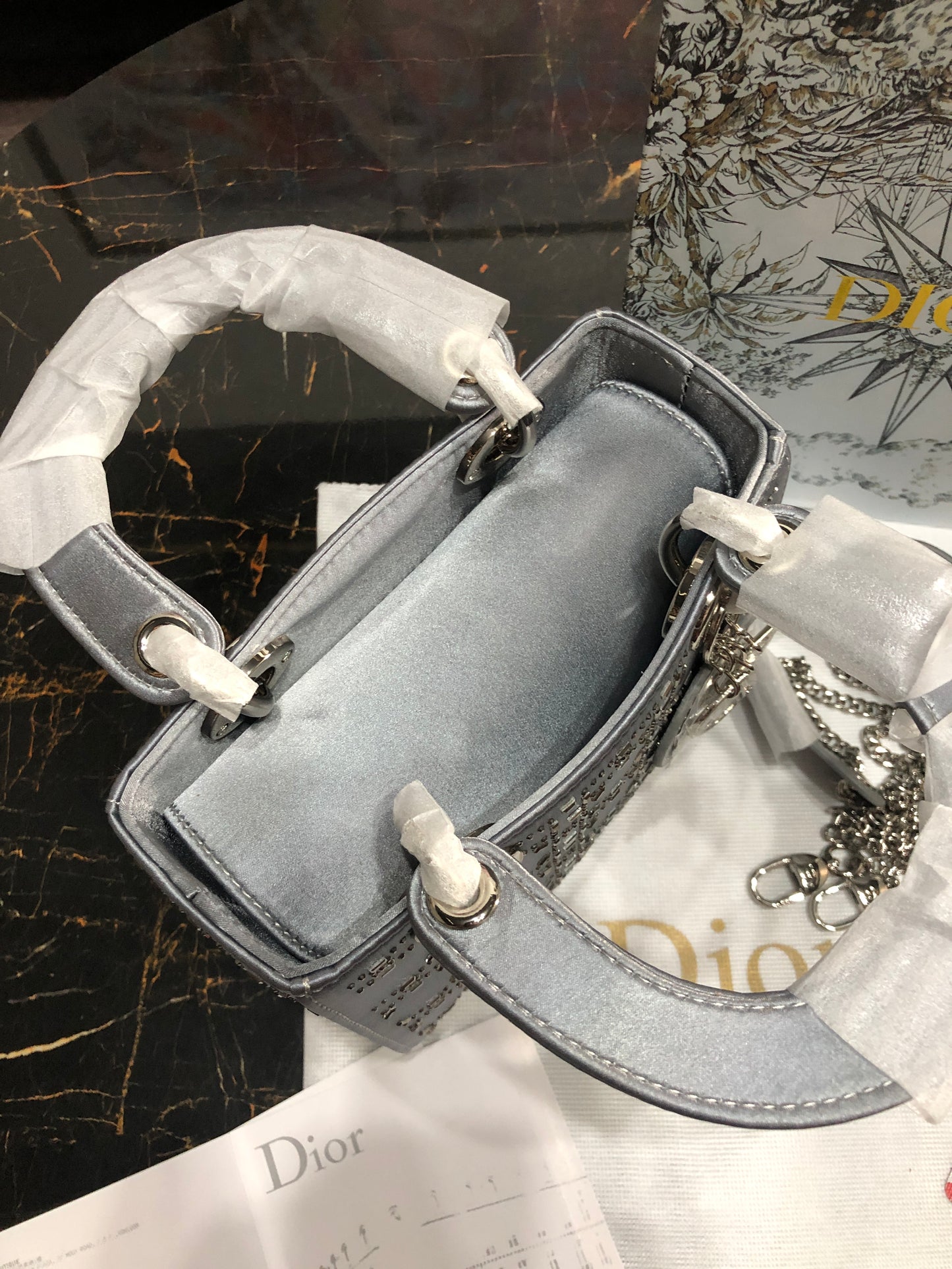 Mini Lady Dior Bag Gray Strass Cannage Satin