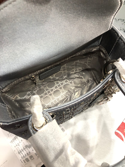 Mini Lady Dior Bag Gray Strass Cannage Satin