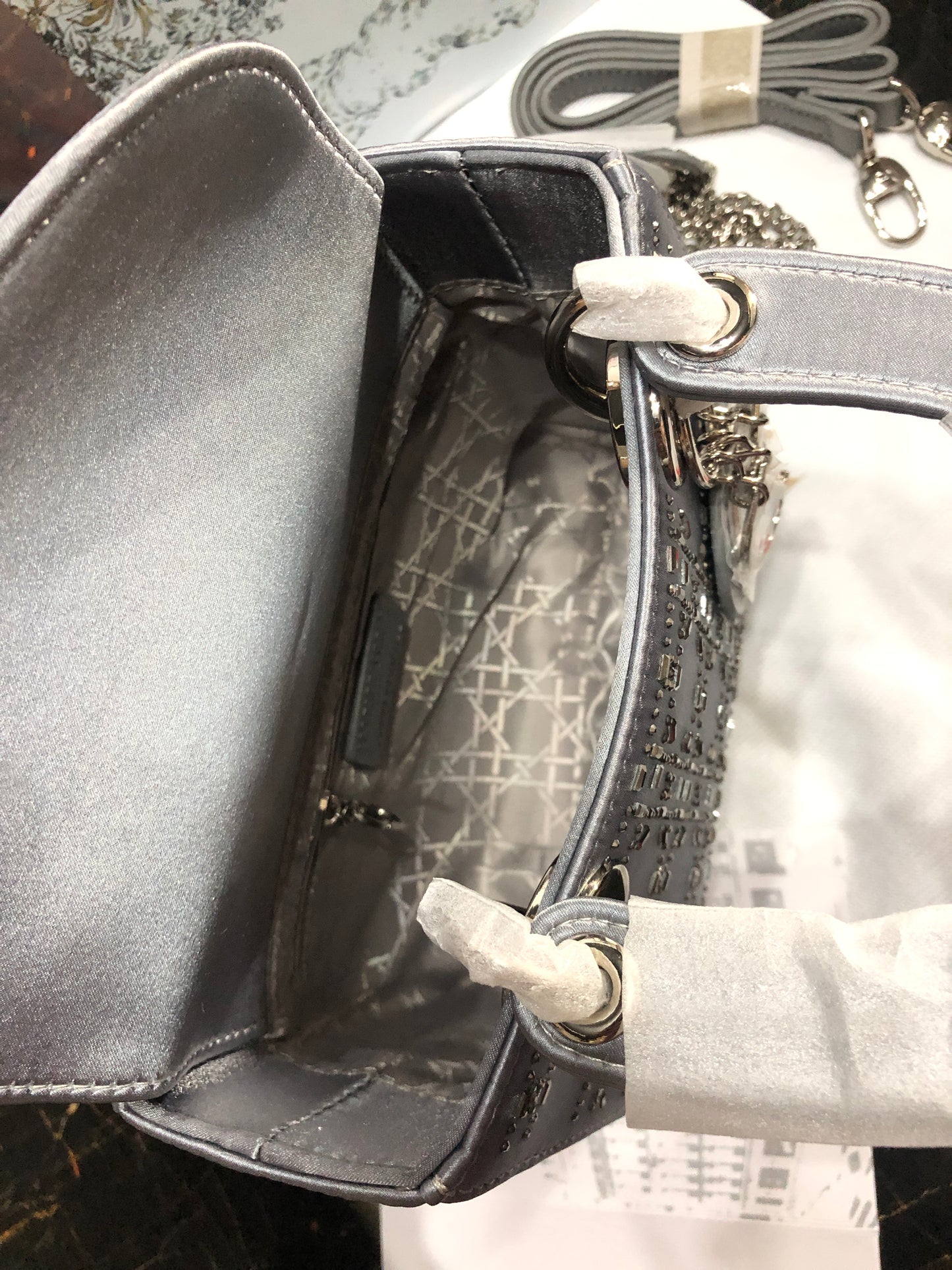 Mini Lady Dior Bag Gray Strass Cannage Satin