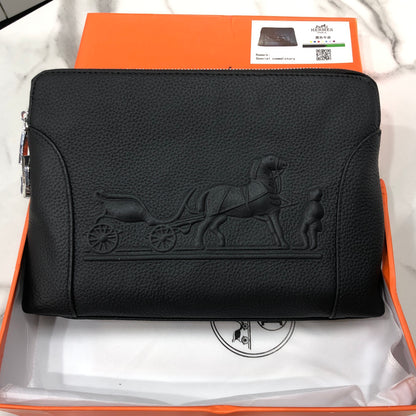 Black embossed horse and carriage leather zipper pouch