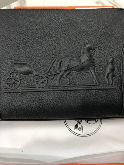Black embossed horse and carriage leather zipper pouch