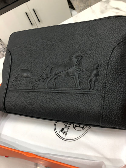 Black embossed horse and carriage leather zipper pouch